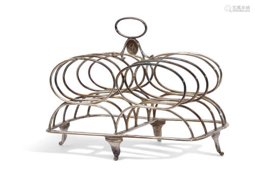 George III toast rack of five double entwined wire work bars to a shaped rectangular base and