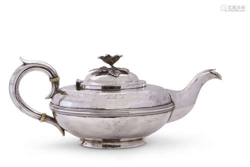 William IV tea pot of compressed circular form with raised reeded body band, hollow looped handle,