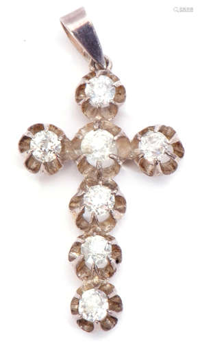 Precious metal diamond set cross pendant, set with seven old cut brilliant diamonds, 1.40ct