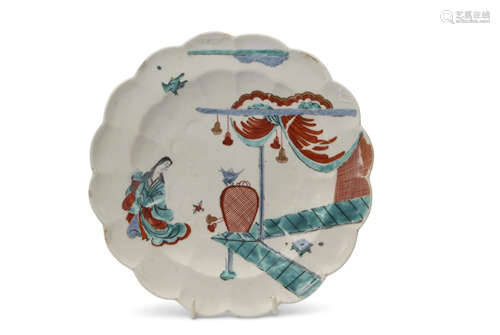 An 18th century Chelsea plate of lobed form decorated in the Kakiemon palette with the lady in