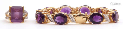 Amethyst and diamond set bracelet featuring ten oval faceted cut amethysts in cut down settings,