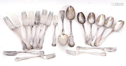 Part set of Victorian flatwares in engraved hour-glass pattern, comprising 7 table forks, 4