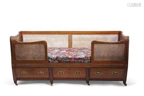 19th century mahogany military style daybed, the single caned back joined by double caned sides