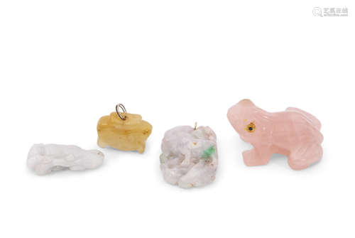 Pink quartz model of a frog with yellow eyes and other jadeite type animals (4)