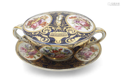 Mid-19th century Derby tureen and stand, the blue ground with rich gilt decoration and panels of