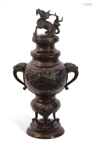 A late 19c Oriental Bronze censor the baluster body decorated applied with flying cranes