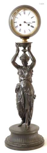 Unusual spelter figure clock, circular face with Roman chapter ring supported by classical figure