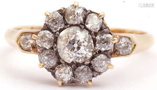 Antique diamond cluster ring, the principle old cut diamond 0.40ct approx, within a surround of