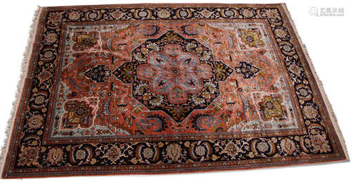 Fine quality wool and silk mix Caucasian style carpet, multi-gull border, large central lozenge with