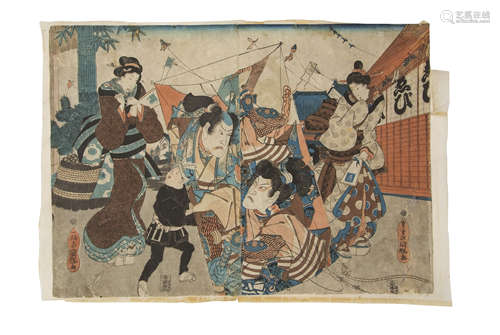 19th century Japanese woodblock print depicting revellers flying kites, the central kite with a