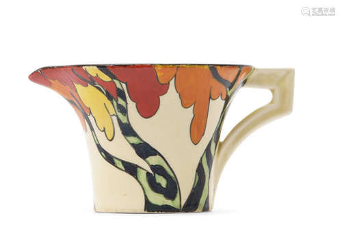 Daffodil shaped jug with the Honolulu design by Clarice Cliff, decorated in typical colours and