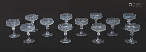 Collection of 12 mid-20th century French dessert glasses engraved with butterflies, 11cm high (12)