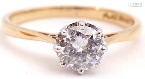 Single stone diamond ring, the brilliant round cut diamond 0.75ct approx, raised between upswept