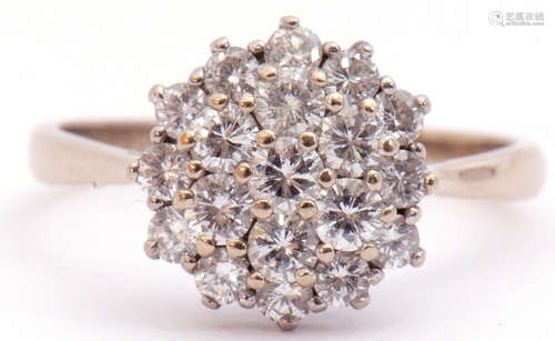 Diamond cluster ring set with 19 small diamonds in a three tier cluster design, diamond weight