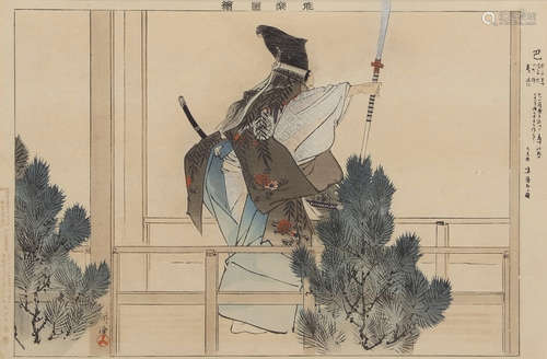 Two woodblock prints mounted with inscription by Tsukioka Kogyo (1869-1927), both with scenes of Noh