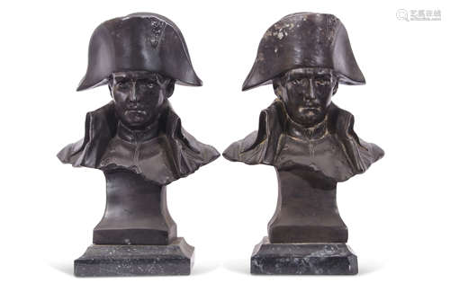 Pair of spelter busts of Napoleon on marble plinths, reverse impressed 