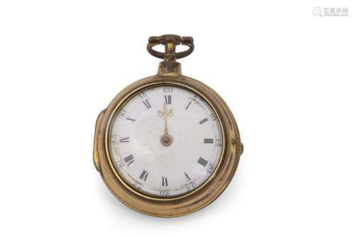 Mid-18th century gilt metal paired-case pocket watch of small proportions, having a single gold hand