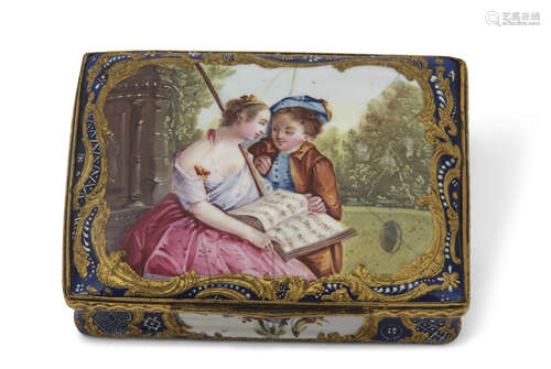 18th century Bilston or South Staffordshire enamel box with gilt mounts, the cover decorated with