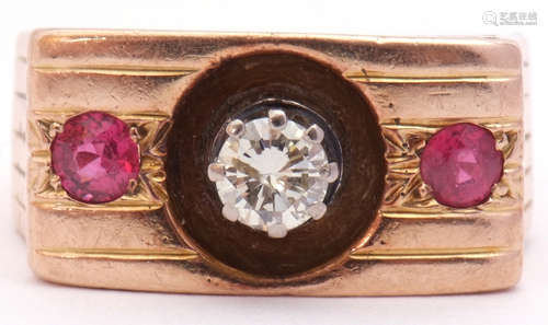 Diamond and ruby ring featuring a round brilliant cut diamond, 0.33ct approx, multi-claw set and