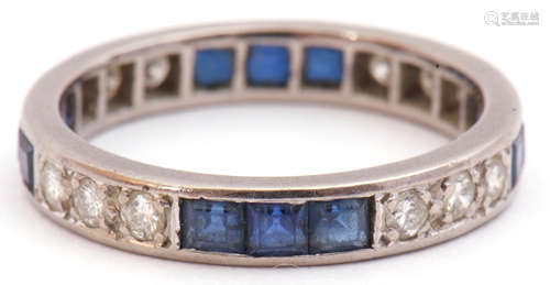 Precious metal, sapphire and diamond full eternity ring, alternate set with three calibre cut square