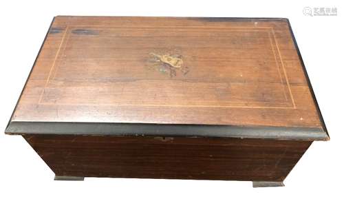 19th century walnut cased musical box, the inlaid lid enclosing a cylinder movement of 8 airs with