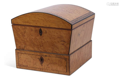 Unusual 19th century birds eye maple veneered domed top rectangular jewel box with parquetry inlays,