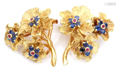 Pair of 18ct gold, sapphire and ruby earrings, a textured design featuring three graduated flower