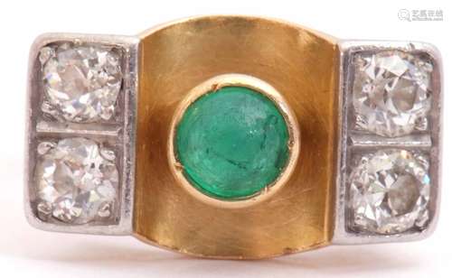 Emerald and diamond stylised ring, the cabochon round cut emerald collet set in a central concave