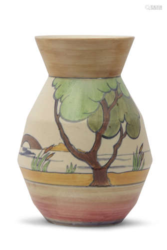 Clarice Cliff vase in the Gloria pattern in pastel colours, with Bizarre factory mark to base and