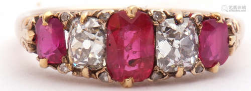 Ruby and diamond five stone ring, an alternate design featuring three graduated cushion cut rubies