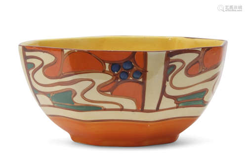 Octagonal Clarice Cliff bowl, in the Orange Sunrise pattern, the base with Fantasque Clarice Cliff