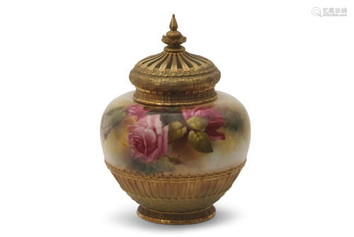 Royal Worcester globular pot pourri vase with gilt pierced cover, decorated with roses, signed by