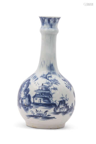 Lowestoft porcelain guglet or water bottle of bulbous form with tapered neck decorated in blue and