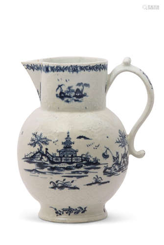 Lowestoft porcelain cider jug of bulbous form with blue and white chinoiserie decoration and strap