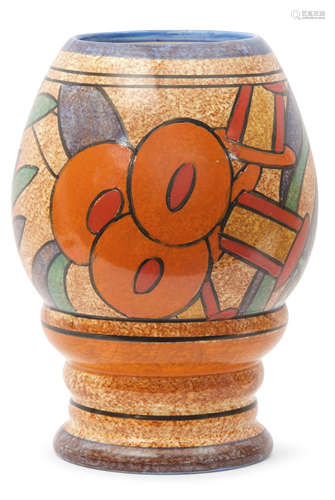 Clarice Cliff Bizarre Cafe au Lait vase decorated with an orange design, 22cm high