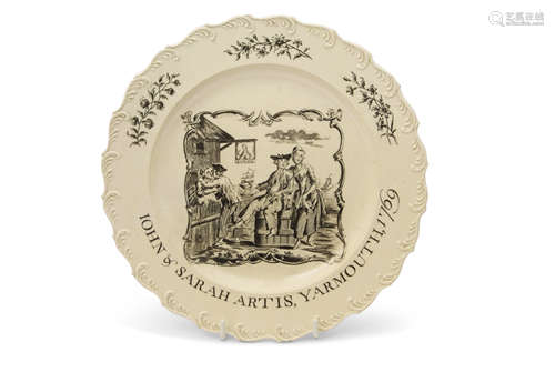 Rare Liverpool creamware plate by Sadler possible later decorated by Absolon of Yarmouth