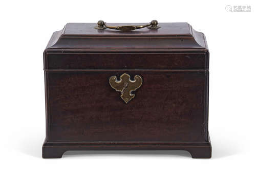 George III period dark mahogany tea caddy of moulded rectangular form, the hinged lid opening to