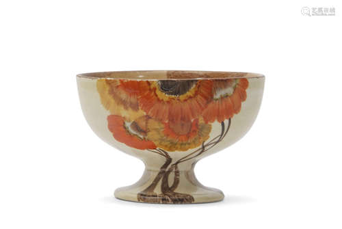 Clarice Cliff small pedestal bowl in the Rhodanthe pattern, Newport Pottery back stamp to base,