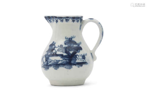 Good Lowestoft porcelain miniature jug circa 1765, decorated in blue with chinoiserie scenes beneath