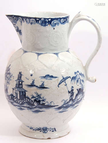 A large Lowestoft porcelain cider jug, c1765, the bulbous body decorated with Chinoiserie scenes,