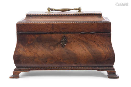 George III figured mahogany tea caddy of bombe-sided rectangular form, the concave sided lid with