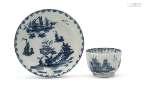 Good Lowestoft porcelain miniature tea bowl and saucer, circa 1765, with chinoiserie scenes within a