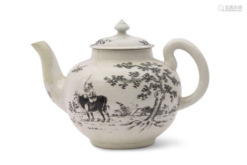 Worcester porcelain tea pot circa 1755, with black pencilled decoration of a boy on a buffalo, the