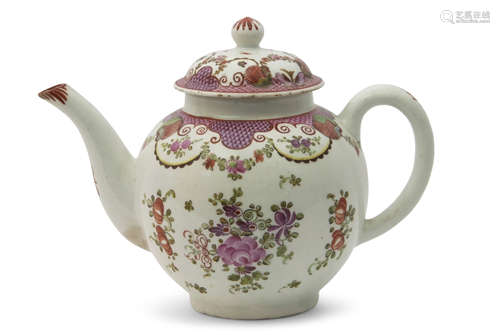 Lowestoft porcelain tea pot and cover circa 1780, decorated in polychrome with a Curtis type design,