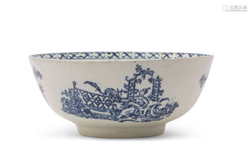 Large Lowestoft porcelain bowl decorated with printed design of lady and squirrel pattern, 20cm diam