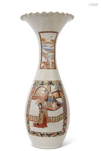 Large 19th century Japanese Arita porcelain vase of flared shape, decorated with Chinese figures