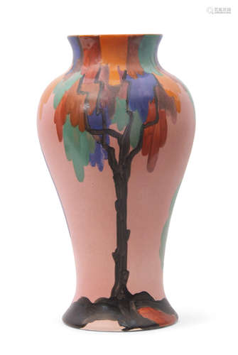 Clarice Cliff Bizarre vase pink Latona tree pattern, 24cm high