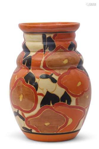 Clarice Cliff vase, shape 358, in the orange chintz pattern with Clarice Cliff factory stamp and