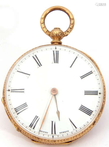 Ladies 18K gold cased fob watch with key wind movement, having gold hands to a white enamelled