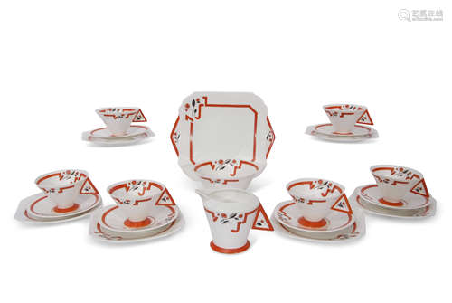 Art Deco Shelley Vogue tea set with orange geometric and stylised flower decoration in the J